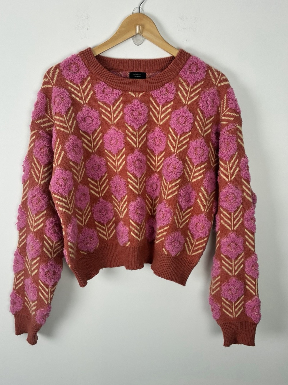 Debut Mauve Pink Retro Groovy Floral Knit Crewneck Sweater Cottagecore M/L